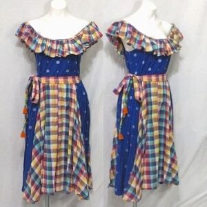 NWT Kopal Esme Plaid Ruffled Off-Shoulder Western Cowgirl Midi Dress Medium Boho